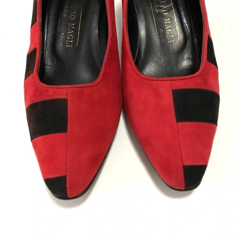 Vintage Bruno Magli Italian Black Red Suede Kitten Heel Pumps Shoes Size 7AA Y2K